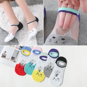 

CALOFE Summer Women New Cartoon Cute Cat Pattern Socks Crystal Silk Socks Ultrathin Transparent Low Ankle Socks Drop-shipping
