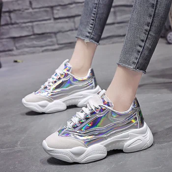 

Lucyever Gold Silver Laser Chunky Sneakers Women Spring 2020 Thick Bottom Flat with Casual Shoes Woman Platform Vulcanize Shoes