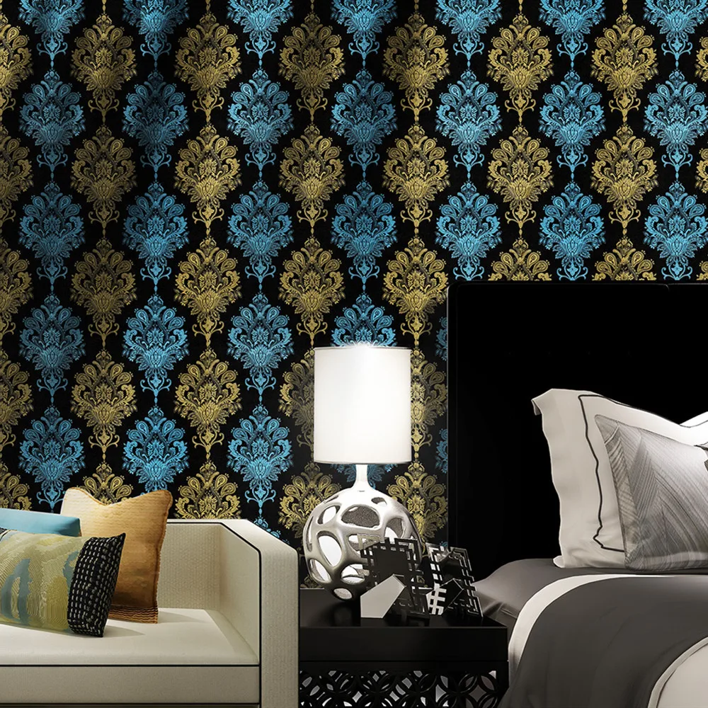 Black Damascus Wallpaper Self-adhesive Bedroom European Large Flower Luxury Atmosphere Living Room TV Background Wall Paper