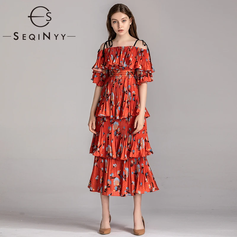 

SEQINYY Elegant Dress 2020 Summer Spring New Fashion Design Orange Red Women Short Sleeve Cascading Ruffles Pleated Midi Dress