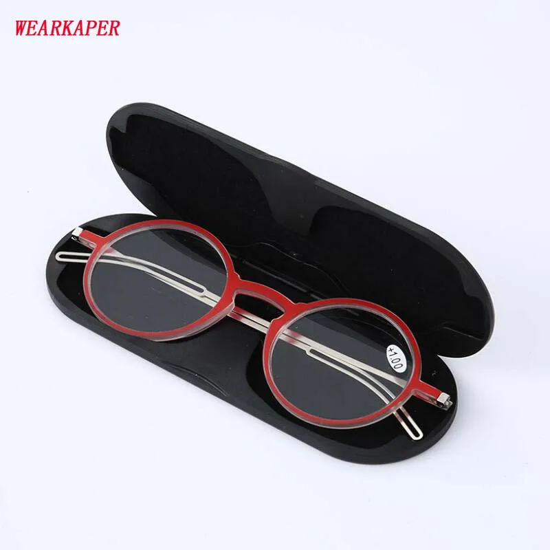 

WEARKAPER Silm Optical Glasses Round frames Tr90 reading glasses +aluminum magnetic case Folding Presbyopic Eyeglasse 1.0-3.5