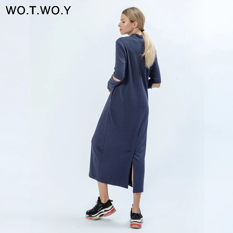WOTWOY Новое повседневное осеннее платье, женское платье с карманами и прорезями, с рукавом, в полоску, с круглым вырезом, женское вечернее платье, до середины икры, с длинным рукавом, женское платье-рубашка