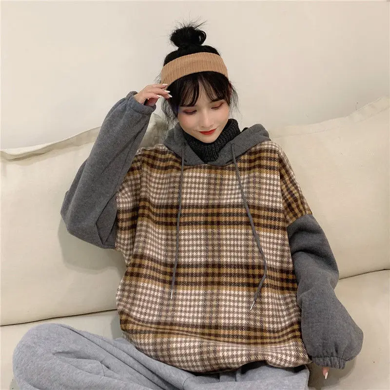 Women's Hoodie Fake Two Turtleneck Sweatshirts Pullovers Preppy Style Plaid Patchwork Loose Winter Plus Velvet Clothing | Женская