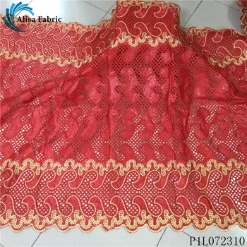 

Alisa african bazin riche lace red embroidery swiss 100% cotton fabric with stones 5 yards/piece french circular punch design