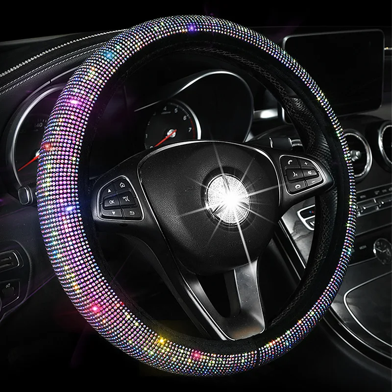 Evankin Auto Steering Wheel Cover with Fashion Cute Flower Diamond Pearl,Exquisite Lattice Design,Soft Leather Stylish Elegant Car Series Universal 15/38cm for Girls Women Ladies Queen-Black Flower
