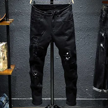 

Fashion Black Ripped Jeans Man Skinny Jeans Slim Fits Elastic Print Hole Denim Pants Patch Casual Trousers Joggers Men Clothing