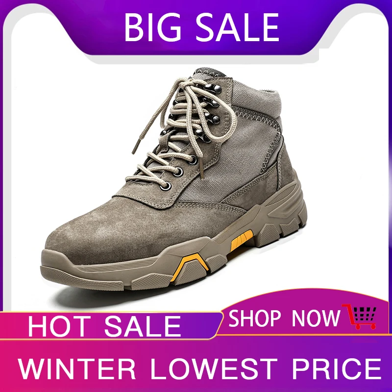 

Classic Autumn Winter Casual Mesh Leather Boots Ankle Men Rubber Men Work Lightweight Cowboy Leather Shoes with Plush Shoes