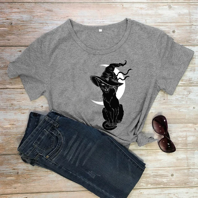 Bruxa bonita t-shirt com seu gato preto, t-shirt e etiqueta, bruxa presente  para ela, presentes de aniversário para as bruxas - AliExpress