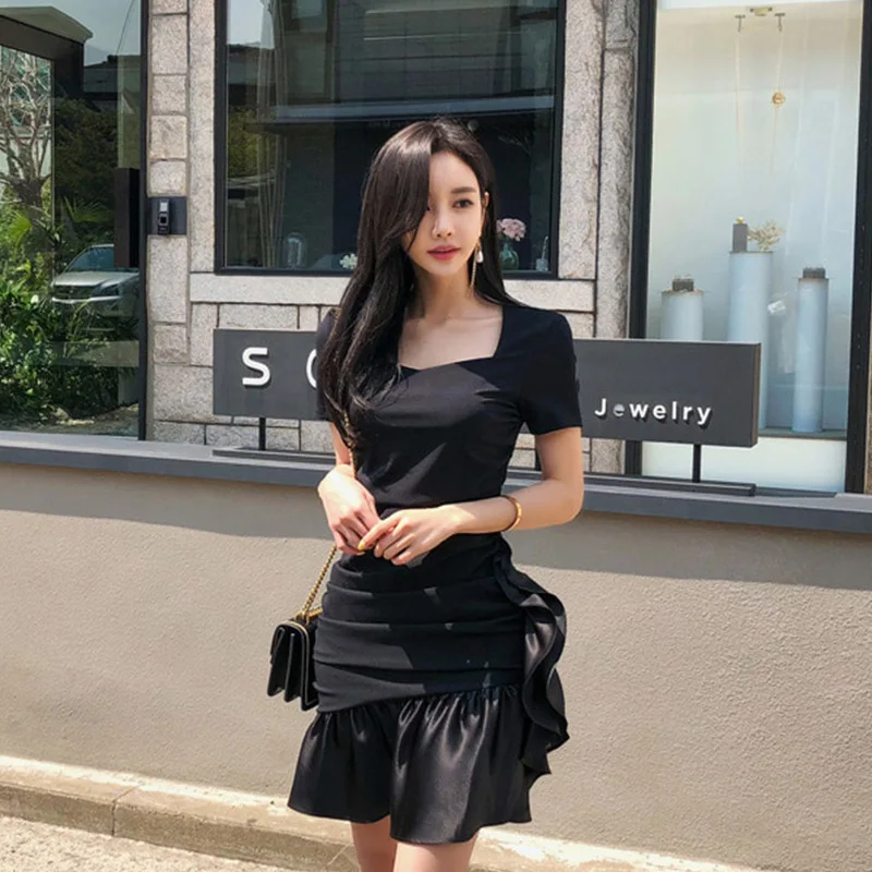 

2289 #2019 New Style Korean-style nv fang ling Short Sleeve Sexy What Leaf Fishtail Skirt Miumiu Bag Hip Bearing Dress