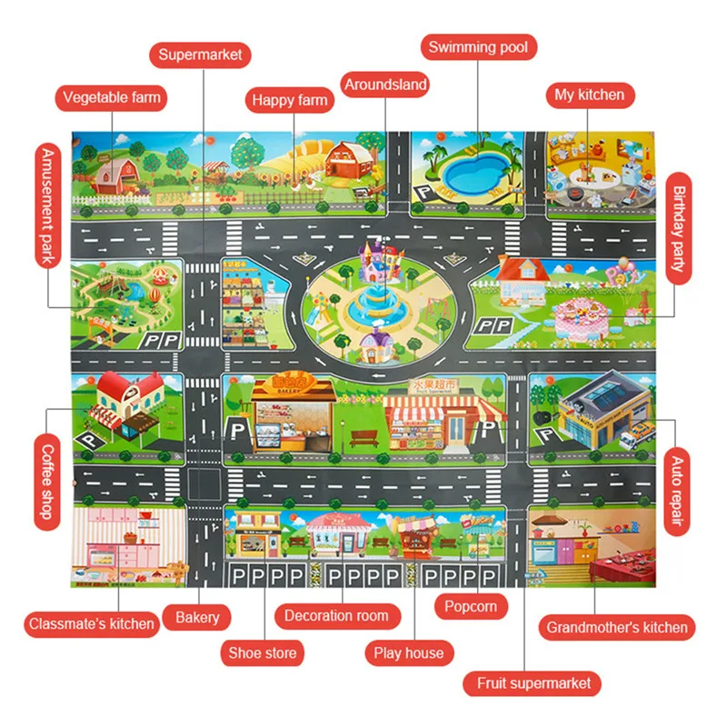 Карта города детский игровой коврик увеличенный 130*100 см симулятор дорожного движения парковка автомобиль игровой коврик переносной Пол игры