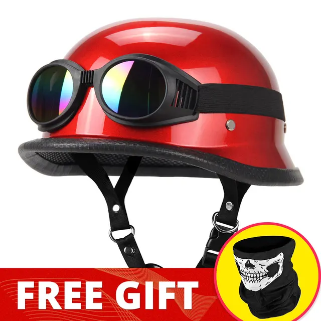 Motorcycle Helmet German Leather Vintage Casco Moto Motorcycle Open Face Retro Half Helmet Chopper Biker Pilot DOT Size S-XXL 307-Red-Glasses 01