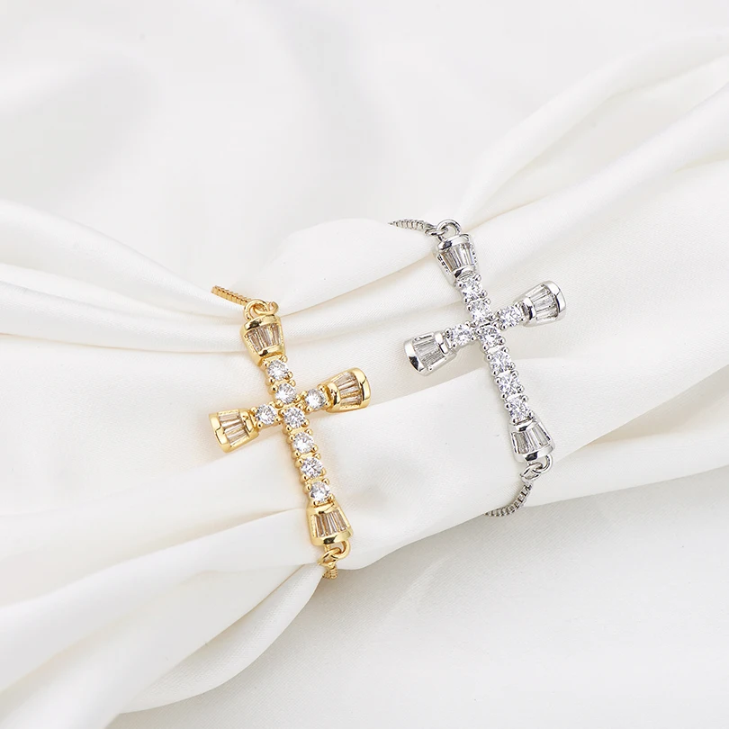 Pipitree Copper Clear Cubic Zirconia Cross Charm Bracelet for Women Adjustable Chain Gold Color Bracelets Jewelry Pulsera mujer