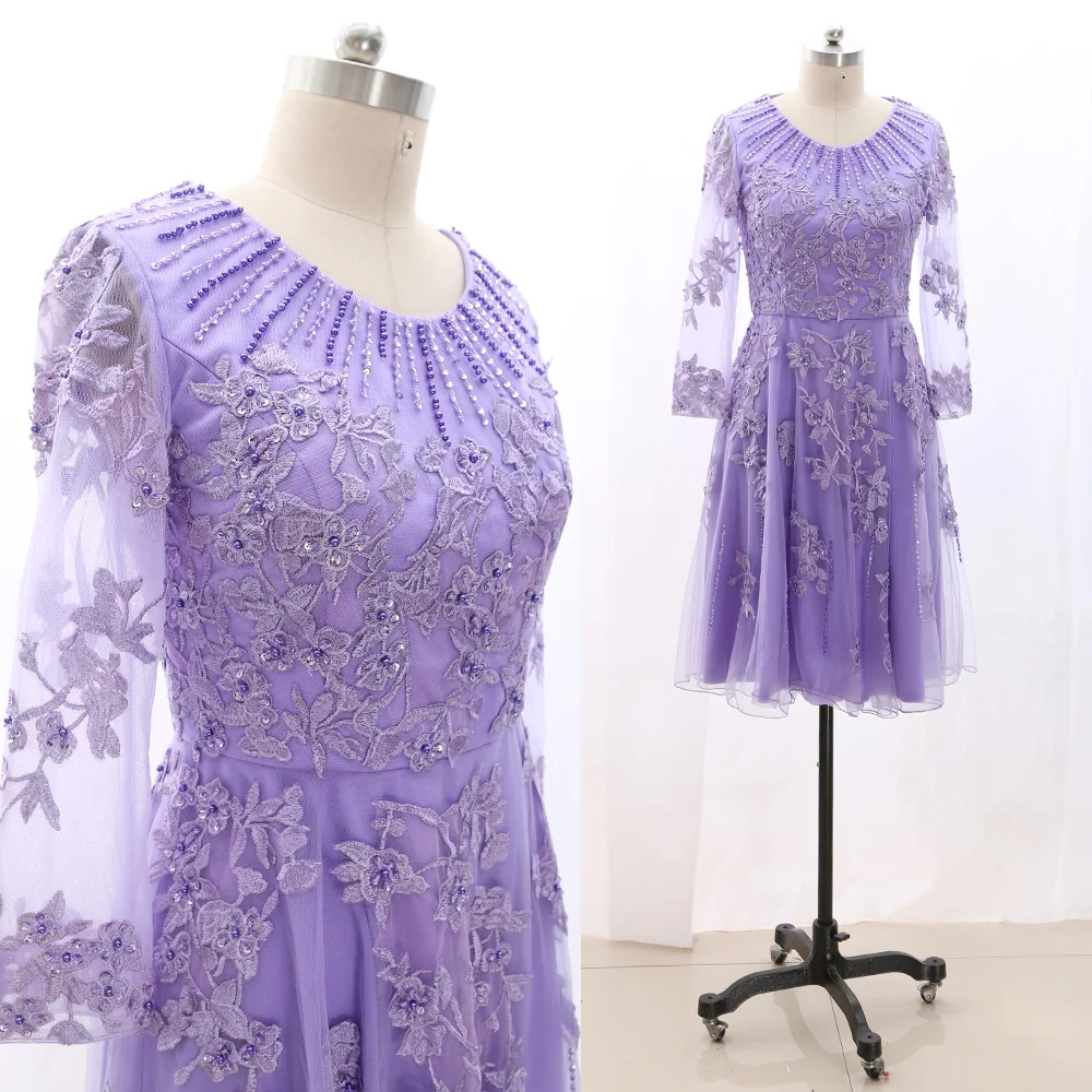 MACloth Lavender Short O Neck Knee-Length Short Embroidery Tulle Prom Dresses Dress L 267689 Clearance