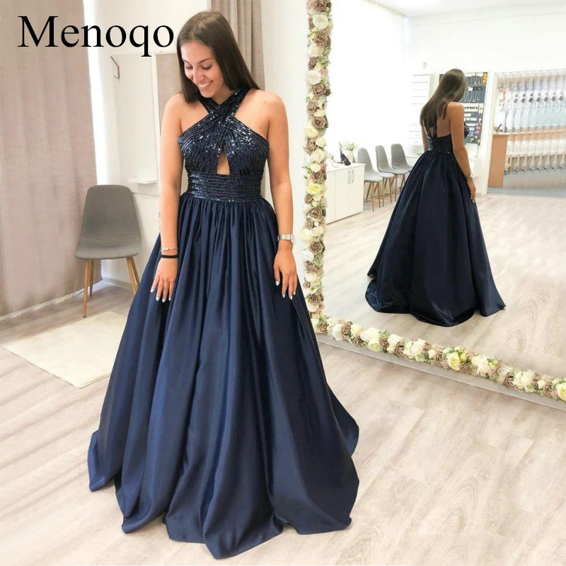 

Menoqo Marvelous Navy Blue Prom Dresses Long 2019 Criss Cross Neck A-Line Evening Gowns Sequine Satin Formal Dress Women P53AU16