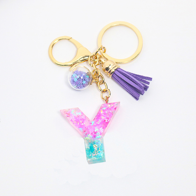 Creative Letter Alphabet Crystal Arylic Liquid Keychain Women Key Chains Ring Car Bag Tassels Pendent Charm Gift Accessory