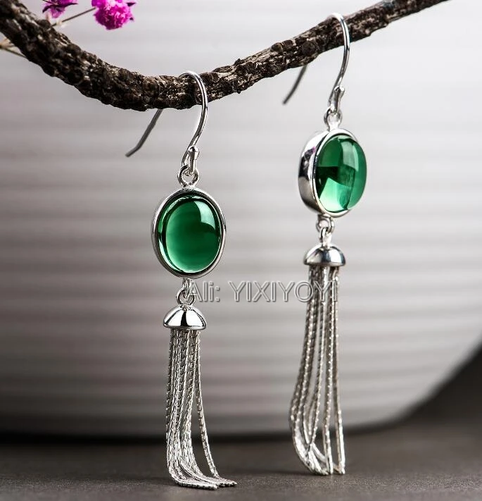 

925 Sterling Silver Oval Green Crystal Inlay Long Tassel Dangle Earrings for Woman Beauty Gem Pretty Gift Fashion Jewelry