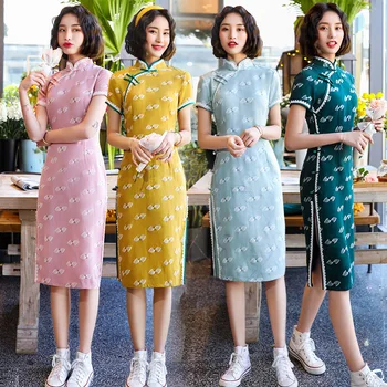 

Chinese Style Women Cheongsam Summer Cotton Linen Daily Dress Printed Vintage Handmade Button Stage Show Qipao Plus Size M-3XL