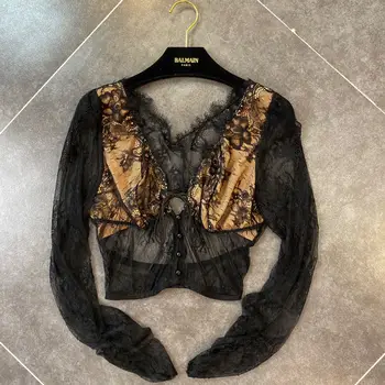 

Sexy Lace Shirt for Women New V-neck Long-Sleeve Lace Dew Back Sexy Woman Tops Black Lace Shirts Blusas Women Tops