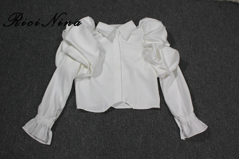 RICININA, элегантная женская блузка, осенняя, с длинным рукавом, на пуговицах, с рюшами, однотонная, повседневная, белая, женская рубашка, топы и блузки для женщин