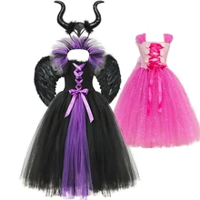 Платье-пачка «злая королева» для девочек костюм малефисенты Авроры+ рога дьявола и крылья Спящей красавицы Вечерние платья на Хэллоуин