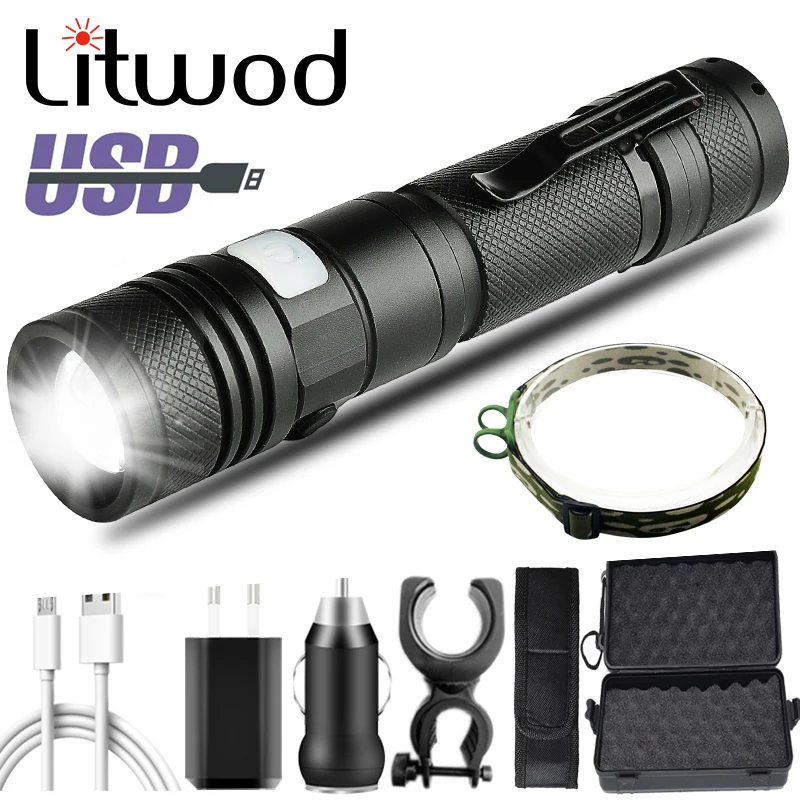 Litwod XM L2 U3 T6 Светодиодный фонарик Usb Перезаряжаемый алюминиевый 3 режима