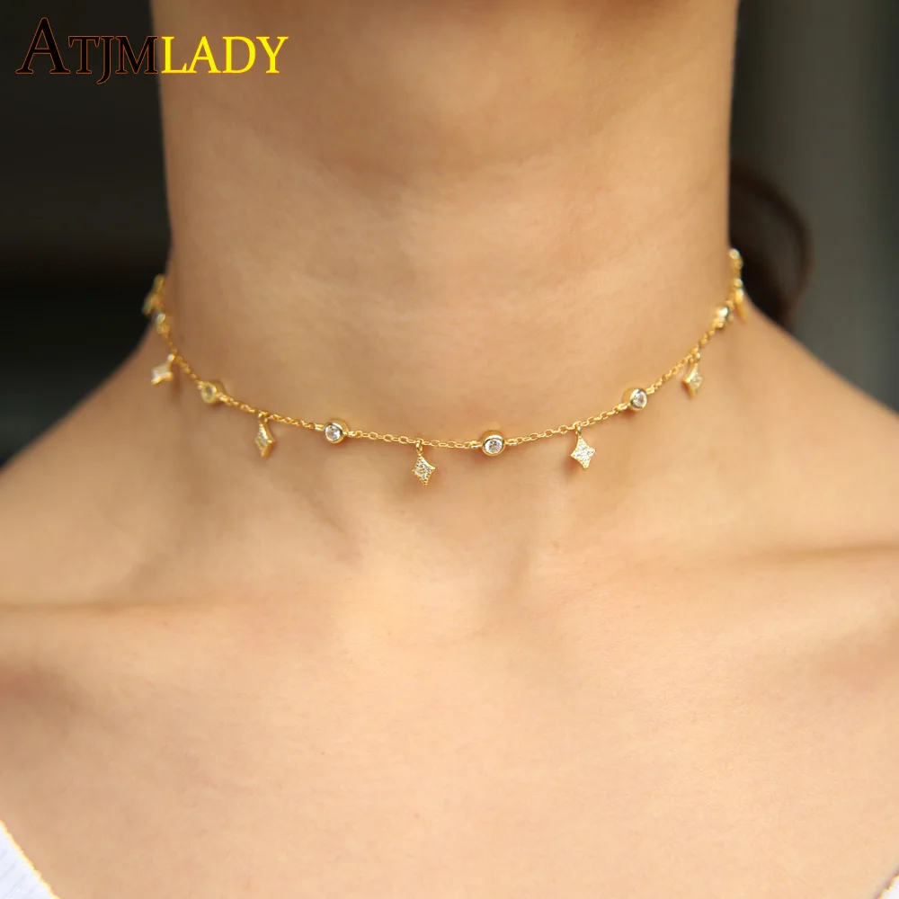 cz link chain triangle drop charm 925 sterling silver women choker bridal gift Star charm sparling statement choker necklace