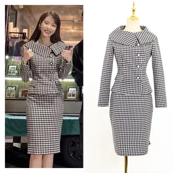 

kpop IU Lee Ji Eun Plaid retro slim long-sleeved jacket coat+temperament elegant knee-length skirt women office Two-piece set