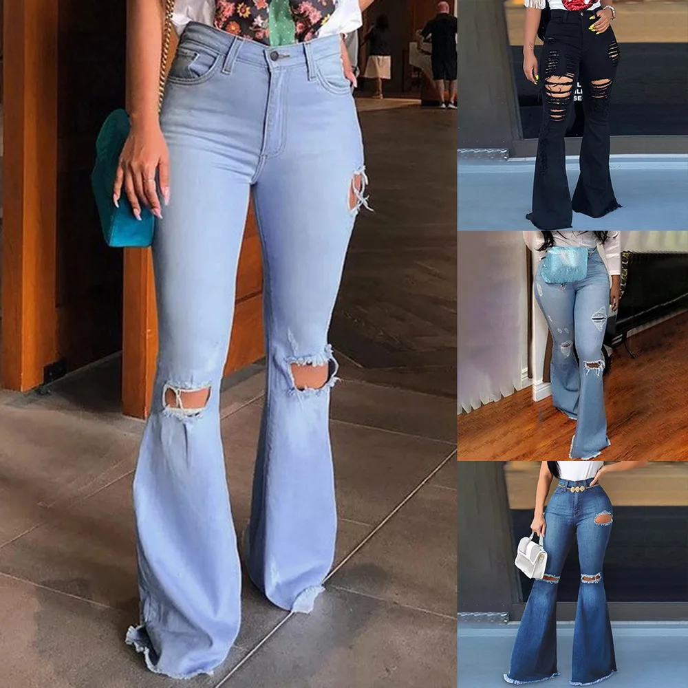 

Fashion Flare Jeans Pants Women Retro Ripped Jeans Wide Leg Denim Trousers Ladies Casual Bell-Bottoms Flare Pant Female 2020 Hot