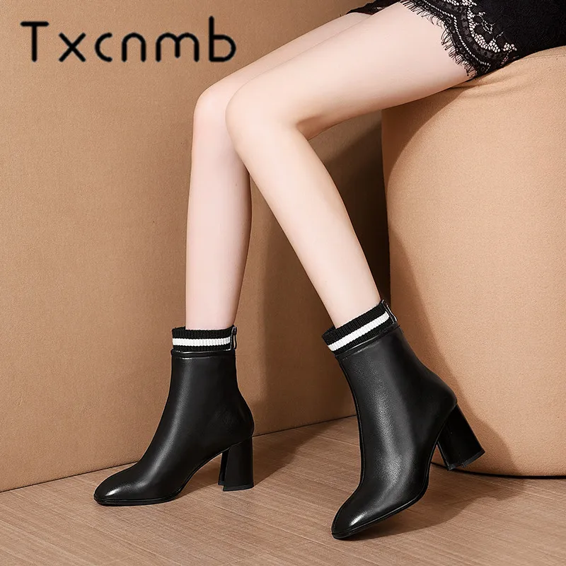 

TXCNMB Brand Winter Warm Short Boots Classic Genuine Leather Party Shoes Woman High Heels New Women Ankle Boots