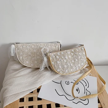

Small Straw Woven Bags For Women 2020 Half Moon Shoulder Bags Elegant Lace Embroidery Beach Travel Casual Crossbody Bags Bolsos
