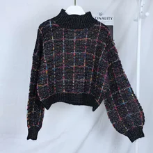  2022 Autumn Winter New Plaid Sweater Women Korean Lazy Wind Short Loose Casual Checkered Sweater Lantern Sleeve Pullovers Girls 