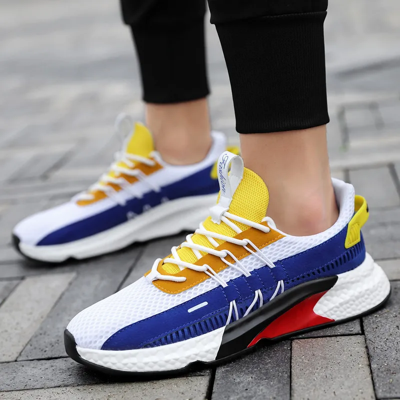 New Arrival Men Shoes Mixed Color Air Mesh Breathable Running Shoes Yellow Blue Design Athletics Sports Shoes Men Sneakers
