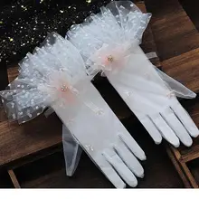 Модный розовый цветок короткие свадебные перчатки с украшением в виде кристаллов браслет на запястье с жемчужиной белая кружевная Свадебная перчатки вечерние Для женщин ювелирные изделия Аксессуары для невесты