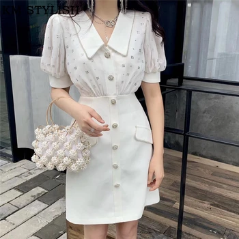 

Women's Elegant White Dress Summer Vestidos 2020 Chiffon Party Office Lady Black Lapel Diamond Short Puff Sleeve Bodycon Clothes
