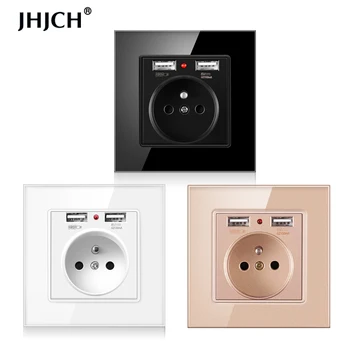 

Jhjch French Standard wall socket, 16a power socket with 2100ma Dual Port USB charger, black, white, gold, 86 glass panel