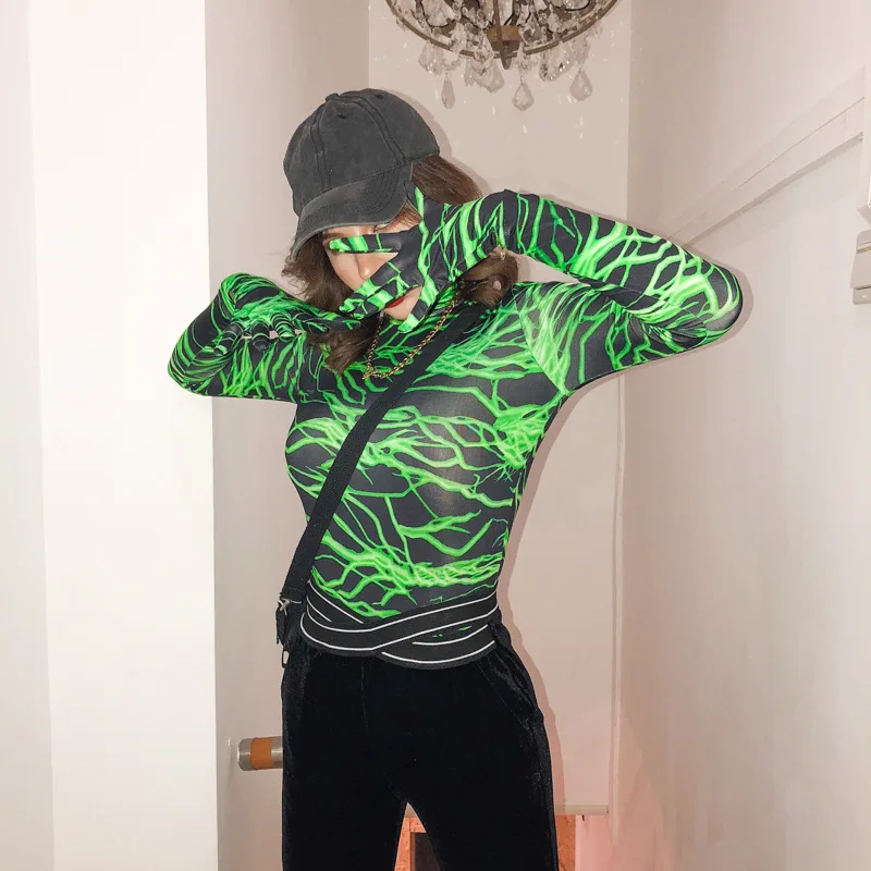 Shestyle Neon Lightning Print Gloves Bodysuit Women Long Sleeve Autumn Winter Sexy Lady Body Suit Green Halloween Clothes