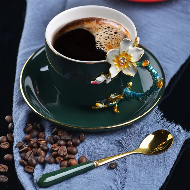 European Style Ceramic Handmade Enamel Painted 3D Flower Coffee Cup with Saucer Set Office Afternoon Teacup Porcelain Milk Mug | Дом и сад
