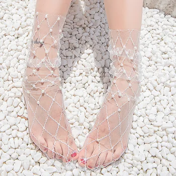

Adorns Transparent Pearl Silk Socks Sexy Lace Flower Mesh Heap Short Rhinestones Socks for Women Girls Fish Net Breathable Socks
