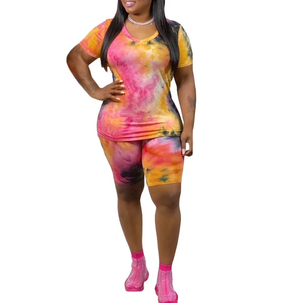 New Women Tie-dye Outfit Summer Short Sleeve T-shirt Elasticated Waist Shorts Tracksuit Female Sportswear Outfits Plus Size