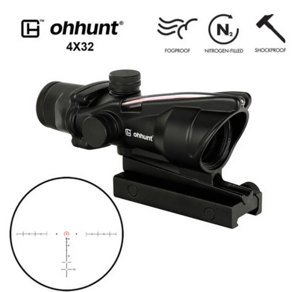Ohhunt Охота 4X32 ACOG реальный оптоволоконный прицел BDC шеврон Подкова тактический прицел оптические прицелы для cal. 223. 308 печать логотипа - Цвет: Reticle No.2 Green