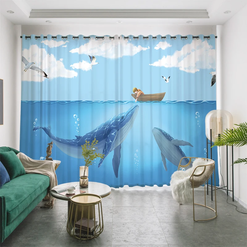 

Custom Window Curtain Drape Hangings for Nursery Kids Children Living Room Bedroom Dolphin Ocean Sea Pigeon Blue