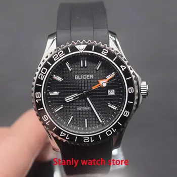 

Luxury Bliger 41mm black dial luminous marks ceramic bezel GMT function sapphire glass automatic movement men's wrist watch