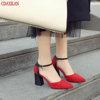

CDAXIALN new arrivals sandals women faux suede pointed toe Buckle strap square high heels Mid-heels sandla ladies summer shoes