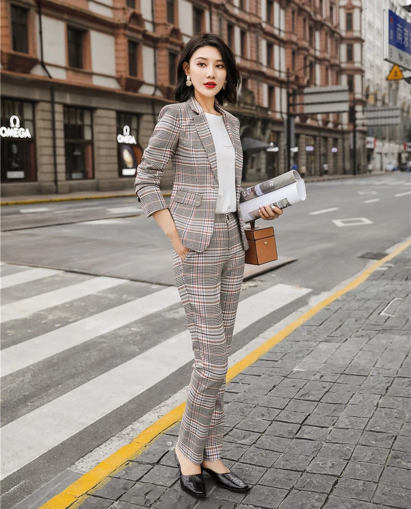Grey Plaid Высокое качество ткани модные клетчатые формальные профессиональные женские деловые костюмы с брюками и пиджаками женские офисные брючные костюмы - Цвет: Grey Plaid