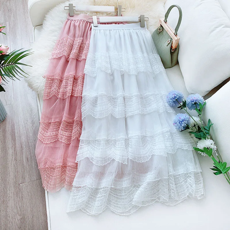 

Wasteheart Spring Women Fashion Pink White Khaki Black Skirt Women High Waist Lace Ruffles Pleated Ankle Length Skirt Chiffon