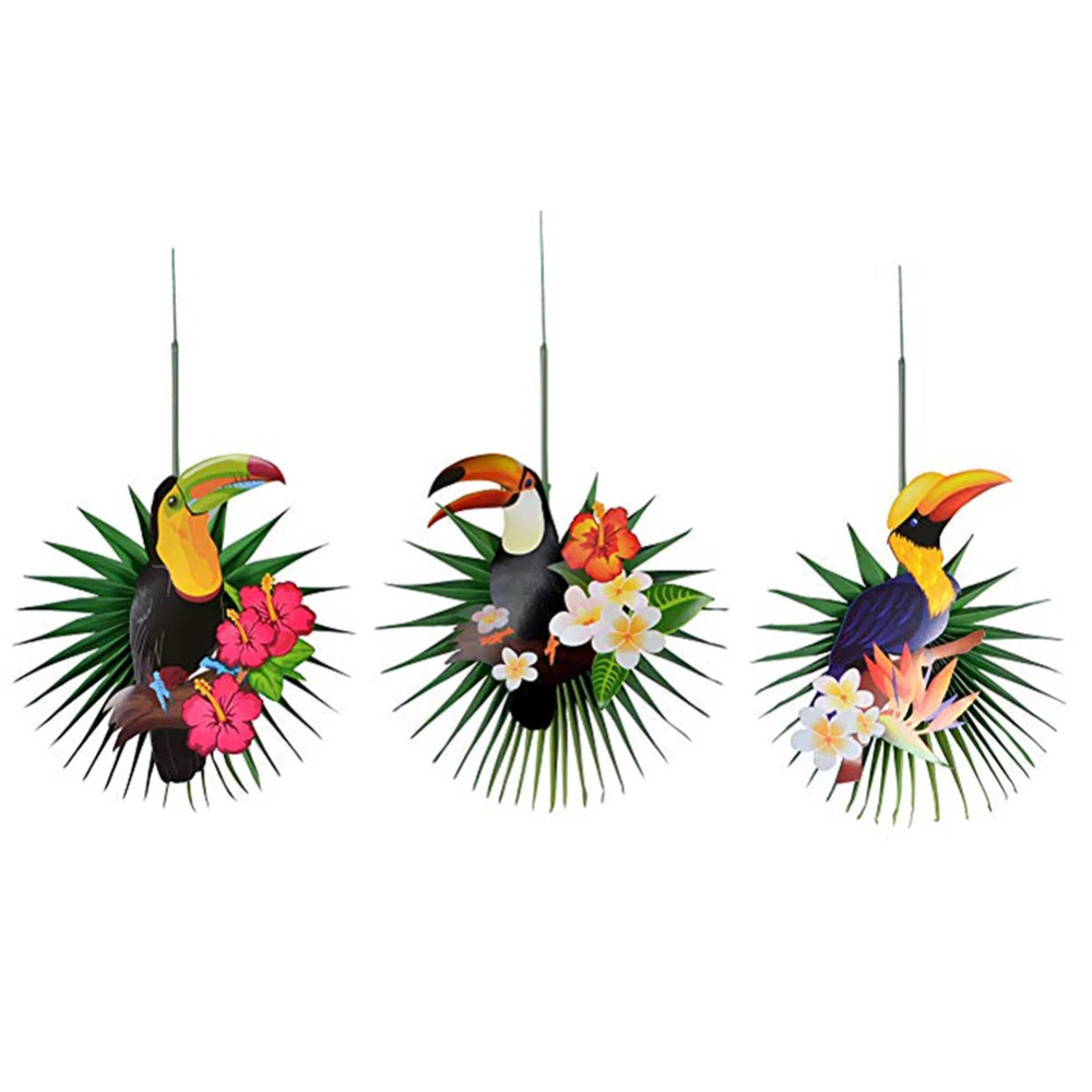 

3 Pcs DIY Tropical Toucan Palm Leaves Paper Fans Wall Hanging Decorations Woodland Jungle Animal Summer Hawaiian Party