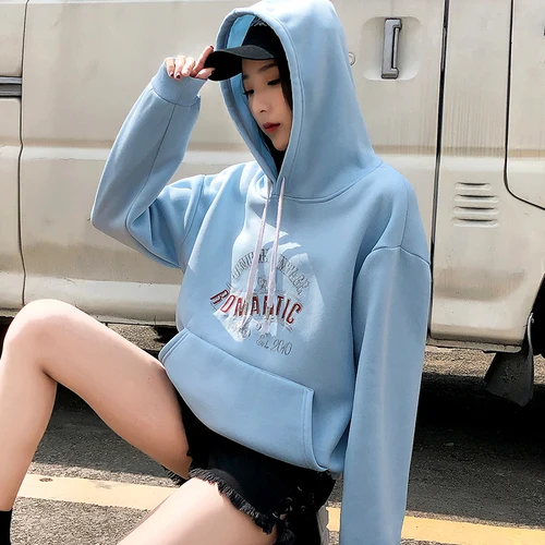 Женские толстовки с длинным рукавом, с буквенным принтом, Kawaii, harajuku, с карманами, толстовки, зимние, негабаритные, с капюшоном, флис, теплая толстовка с капюшоном - Цвет: ShanH 1363 lan