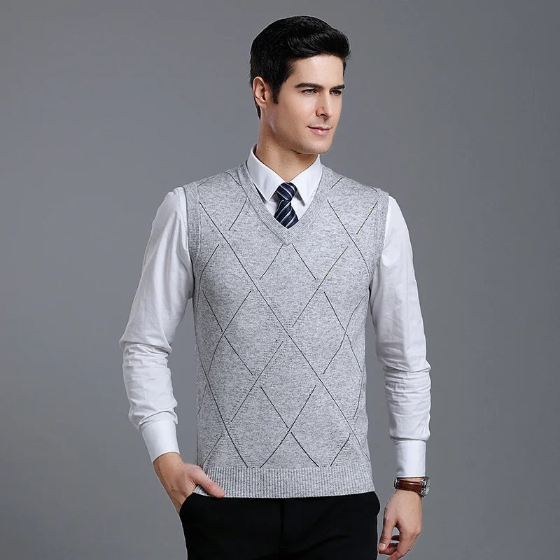 Новые модные мужские свитера, пуловер с v-образным вырезом, Приталенный джемпер, вязаный жилет без рукавов, осенняя повседневная одежда для мужчин - Цвет: Светло-серый