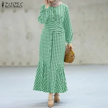 

Checked Grid Printed Button Femme Sundress Elegant Loose Islam Robe 2021 ZANZEA Autumn Women Muslim Dress Full Sleeve Lapel