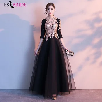 

Elegant Black Evening Dresses Long ES3204 A-Line V-Neck Half Sleeves Gold Lace Appliques Evening Party Gowns Abendkleider 2020
